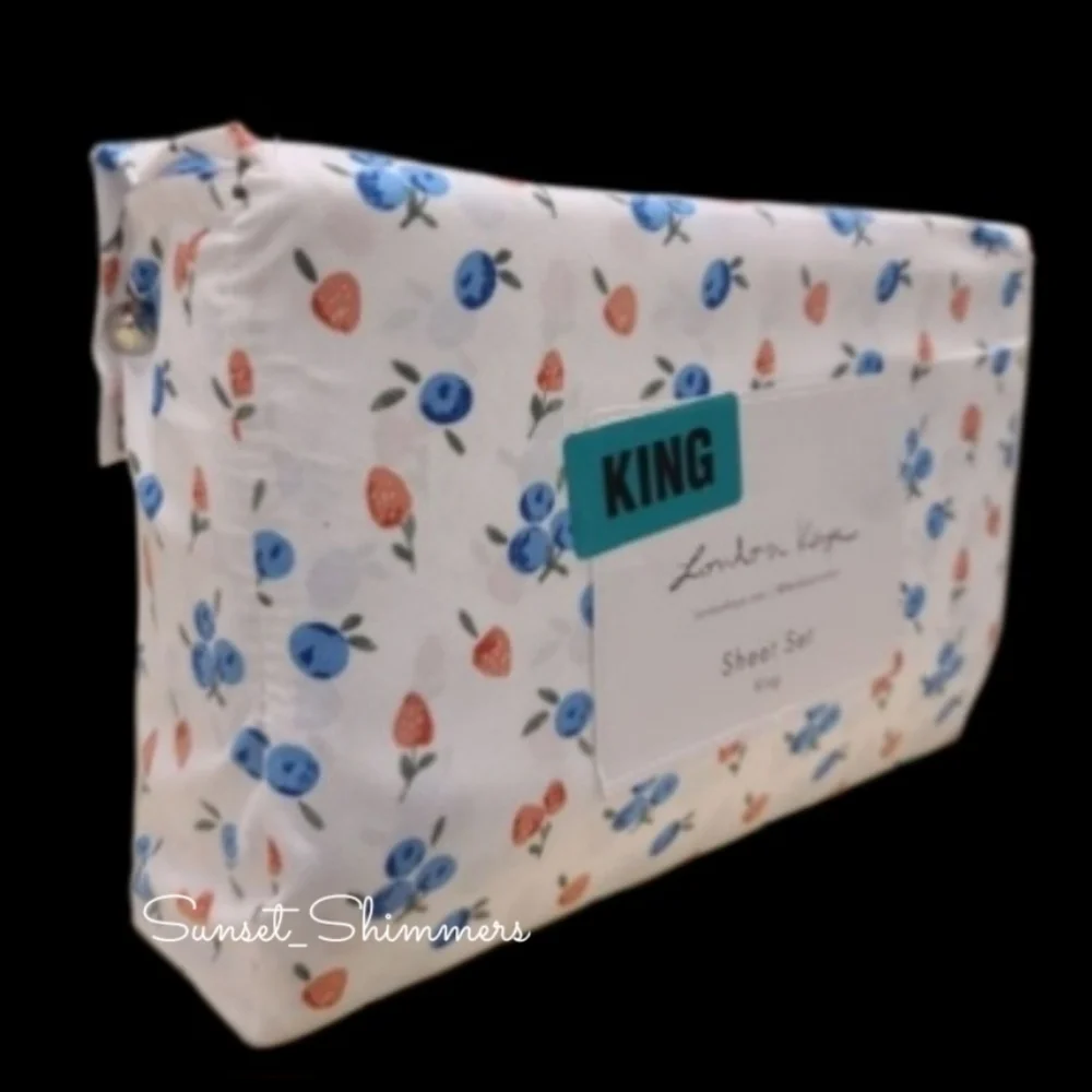 4pc Summer Strawberry / Blueberry King Bed Sheet Set Decor By London Kaye New